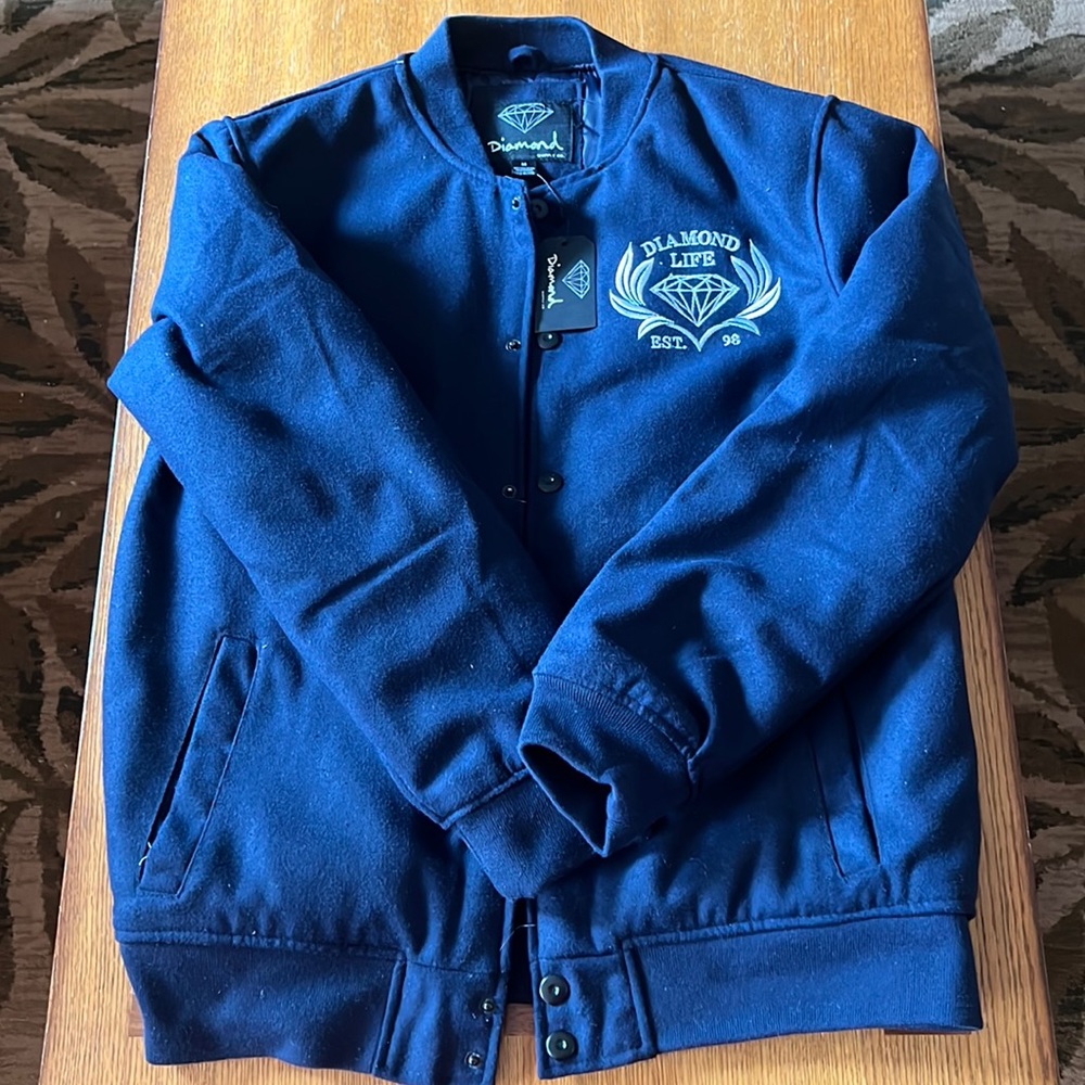 Diamond Supply Co Varsity Jacket Men's Large Navy Embroidered Letterman’s Coat